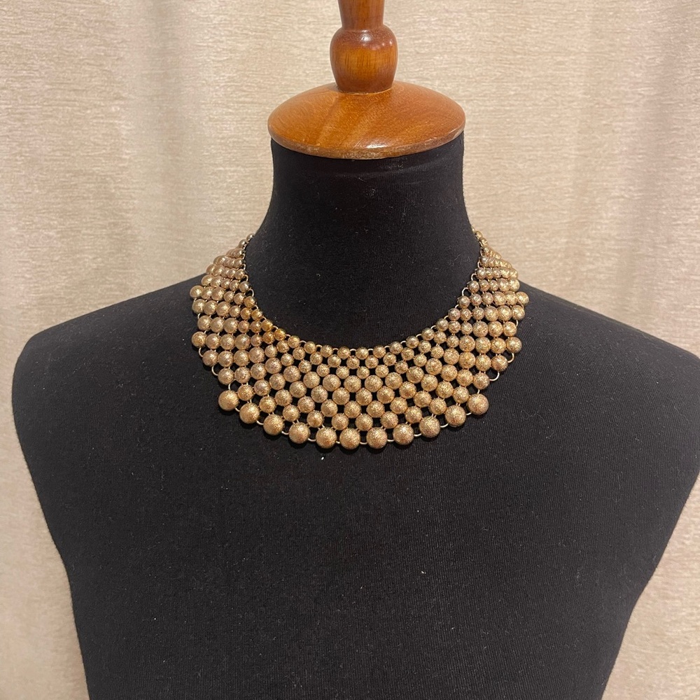 NATASHA PALE GOLD TEXTURED SHINY BEADED CHAIN LINKS BIB NECKLACE CHOKER